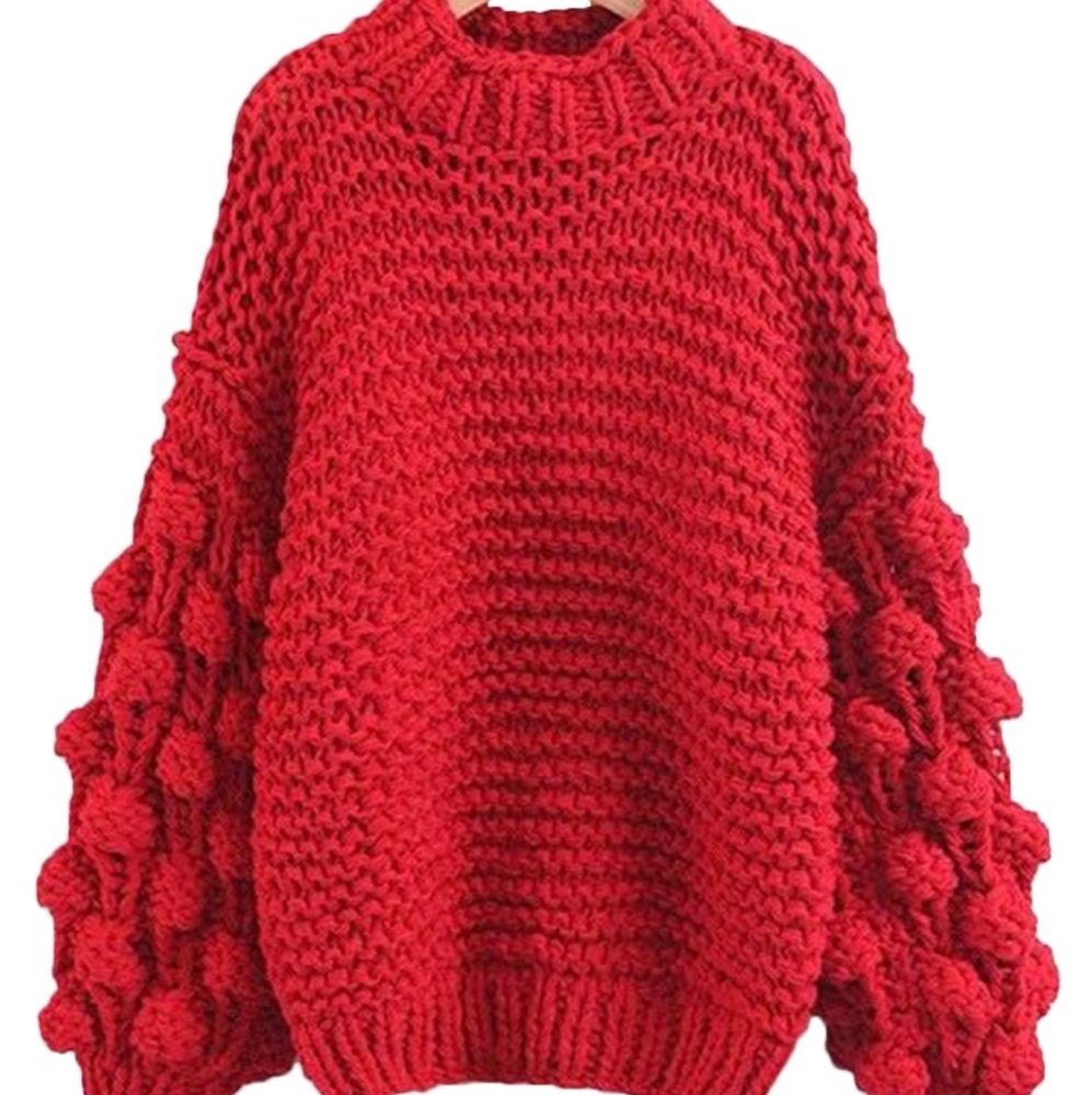 Chunky knit red 'CLORA' POM POM SWEATER